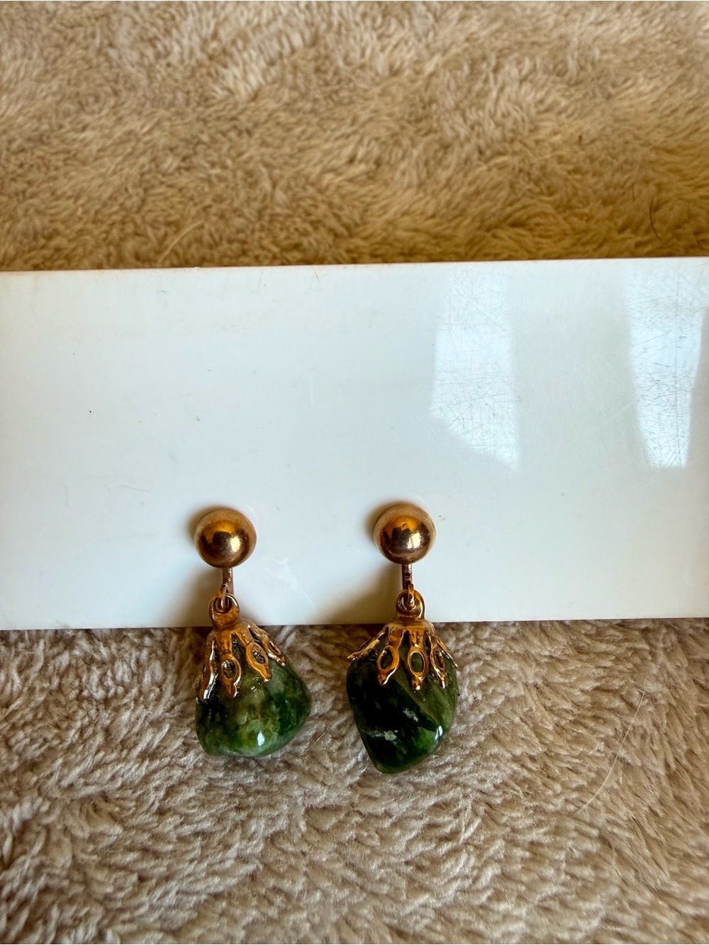 Dangling Green Stone Gold Tone Clip Earrings